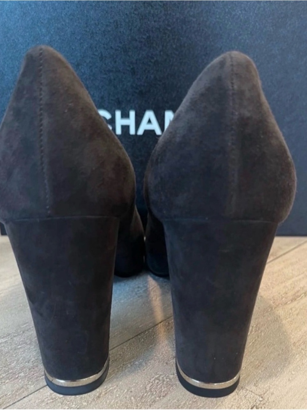 CHANEL Navy Suede Cap Toe Mid Block Heel Pumps - Picture 2 of 3